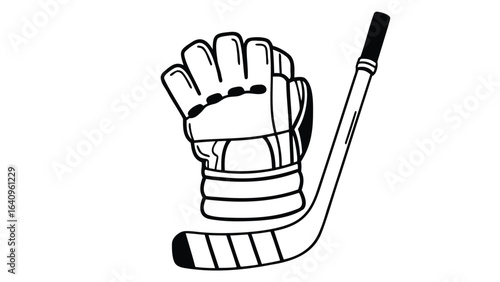  hockey glove and stick in black and white simple design for sports equipment theme
