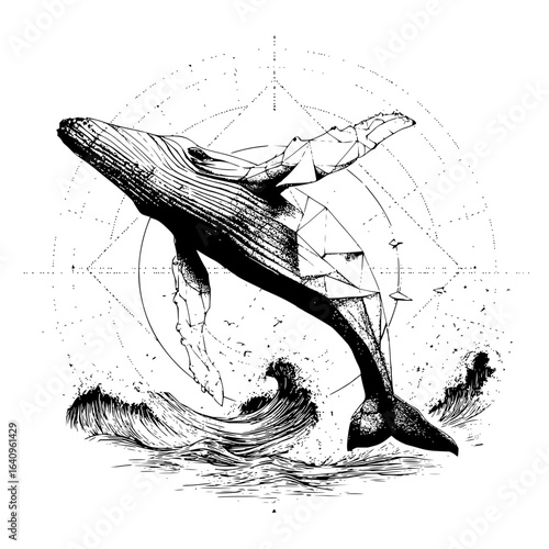 Stylized whale breaching from ocean waves with geometric patterns and bird silhouettes in black and white
