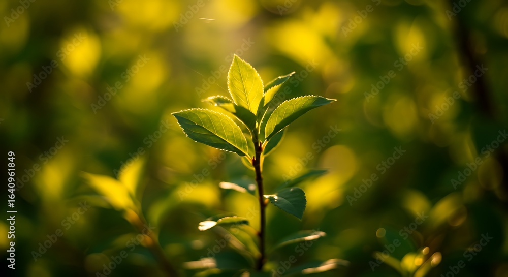Obraz premium Green Leaf Glowing in Golden Sunlight Springtime Growth