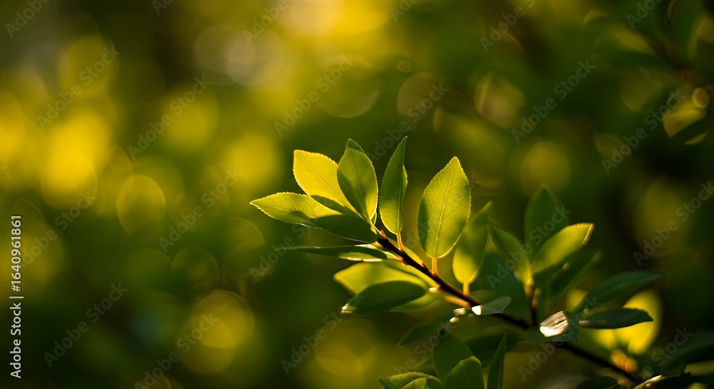 Obraz premium Green Leaves on Branch Glowing in Sunlight Shallow Depth of Field