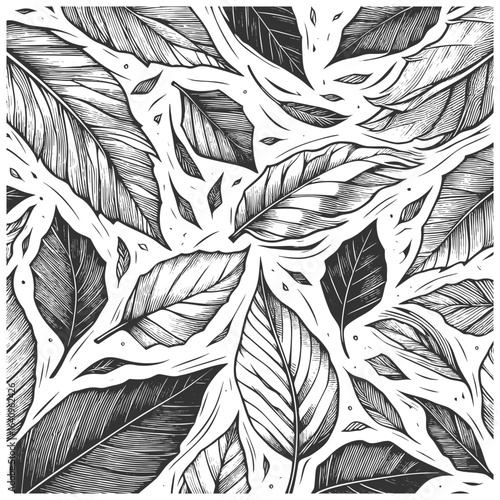 swirling leaves in motion, perfect for seasonal, botanical, or decorative design projects sketch engraving generative ai vector illustration. Scratch board imitation. Black and white image.