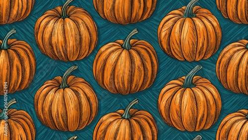 Seamless pattern of ripe orange pumpkins on a dark teal background