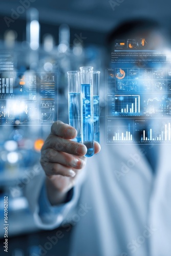 Scientist holding test tubes with blue liquid, digital data overlays in lab setting
