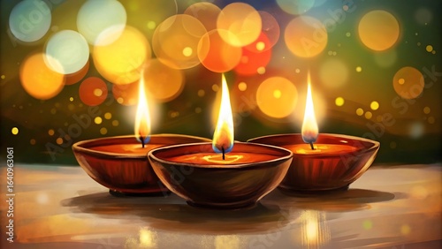 Three lit diyas with bokeh lights in the background