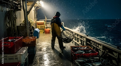 Hardworking fisherman hauls in catch on stormy night, rain spraying across deck with abundant fresh fish in crates