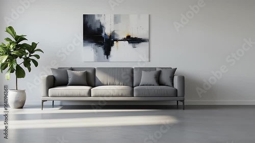 Slow pan shot of a modern minimalist living room with a grey sofa a large potted plant and abstract art on the wall as sunlight moves across the floor