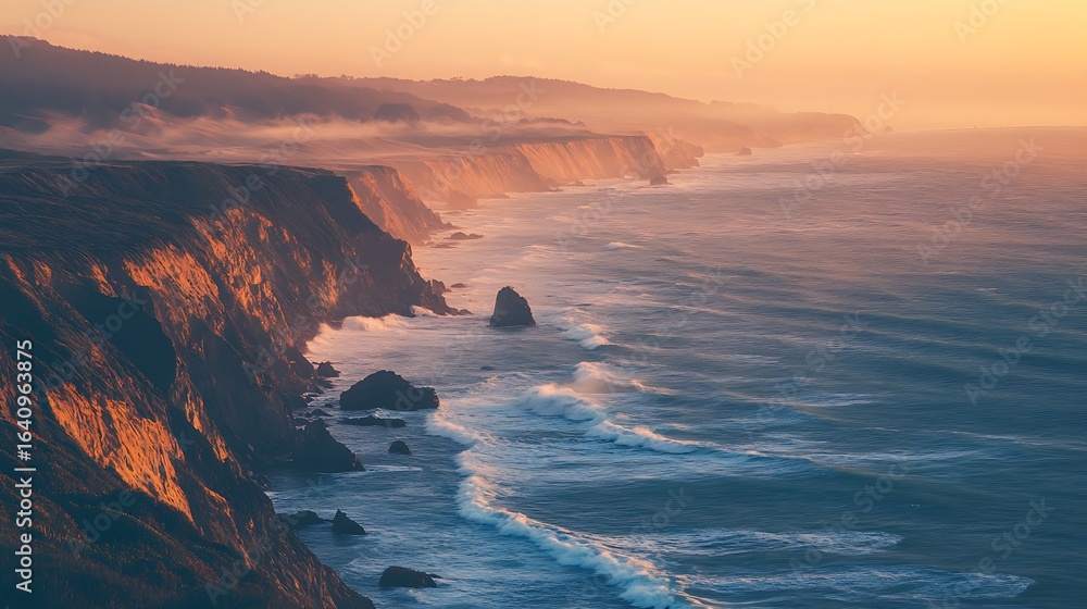 Fototapeta premium Coastal Cliffs at Sunset Ocean View with Waves and Haze