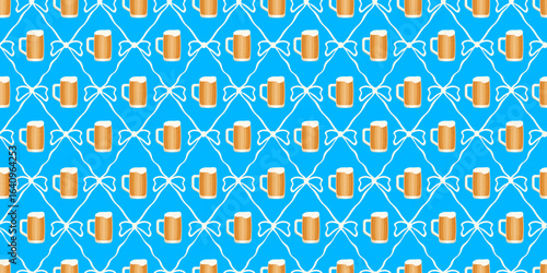 Oktoberfest Wrapping paper. Vector illustration of Coquette style Seamless trellis with glass of beer ribbons and bows. Perfect Oktoberfest festive food Wrapping paper design. EPS 10