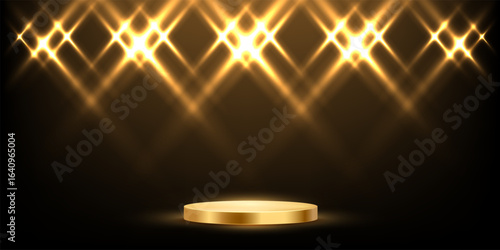 Golden stage podium with glowing spotlights. Sparkling golden starburst lights on dark background illuminating round pedestal. Award ceremony, party, show scene. Abstract vector illustration.