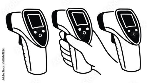 Illustration showing three contactless thermometers, one held by a hand, in black and white outline style