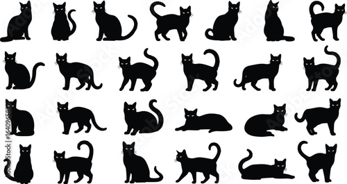 Black cat silhouettes, sitting and walking cats, feline vector illustration, pet animal design, domestic cat poses, stylish black and white art