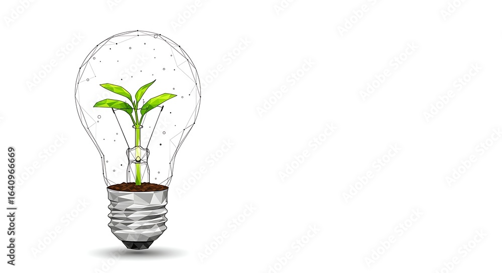 Geometric Light Bulb with Green Sprout on White Background Geometric Light Bulb with Green Sprout on White Background