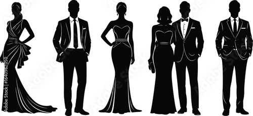 Elegant formal wear silhouettes, evening gown fashion, tuxedo style, couple attire, black tie event, luxury clothing, vector illustration, stylish design