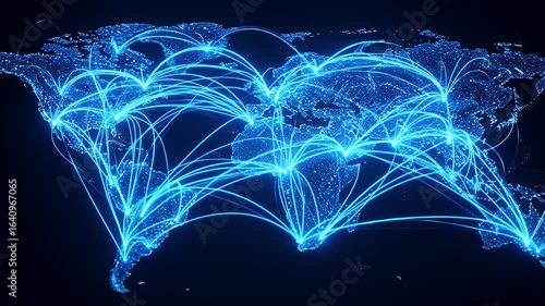 Futuristic animated world map with glowing blue lines showing global network connections spreading across continents representing data transfer internet and international business
