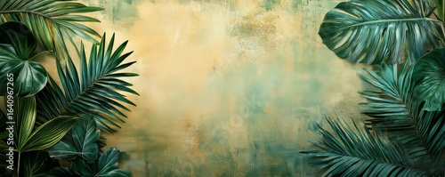 Tropical leaves on a distressed grunge background, perfect for wallpaper, fresco, and other artistic backgrounds, capturing natures raw beauty, Generative AI