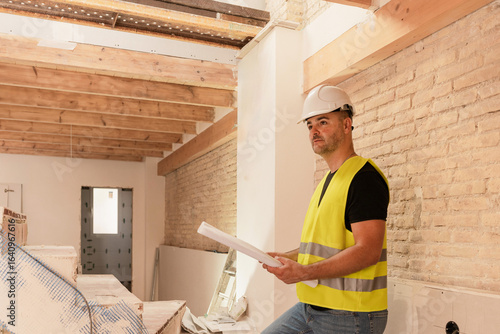 Photos Male Construction worker in safety vest, hardhat and blueprints inspecting build