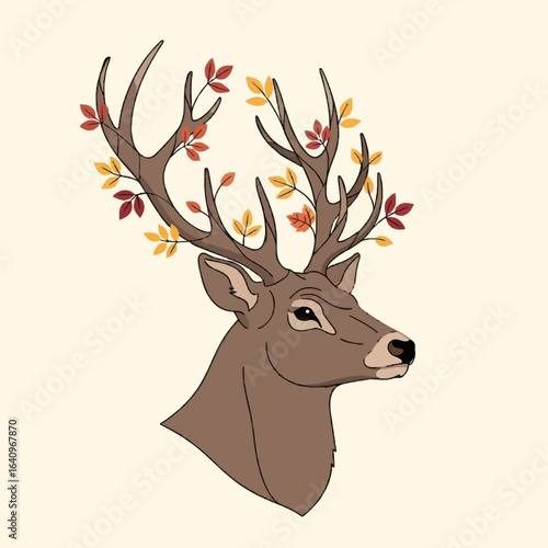 Illustration of a deer head with autumn leaves adorning its antlers, set against a light background.