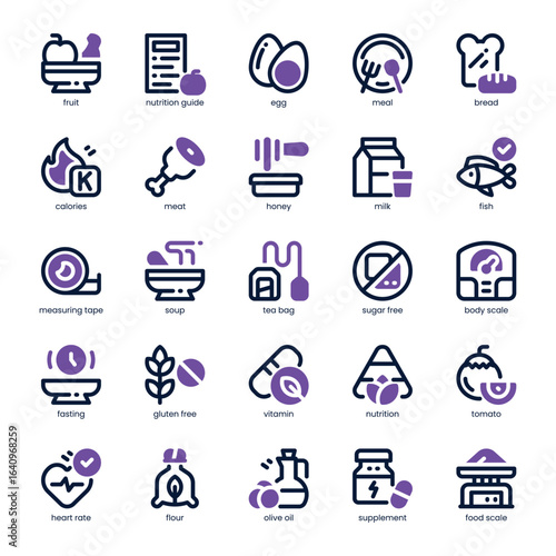 Nutrition Guide Icon pack for your website, mobile, presentation, and logo design. Nutrition Guide Icon dual tone design. Vector graphics illustration and editable stroke.