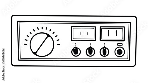  vintage audio amplifier with knobs and displays in black and white outline style