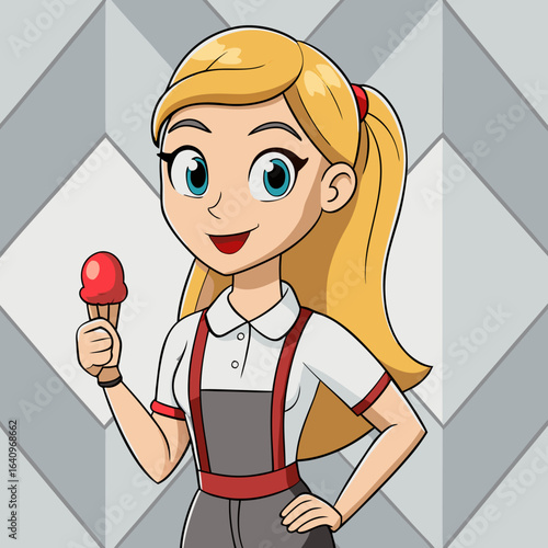 Cartoon Girl with Blonde Hair Holding an Ice Cream Cone Wearing an Apron and Standing Against a Geometric Background