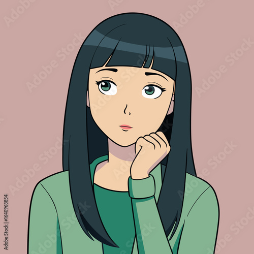 Pensive Anime Style Girl with Long Dark Hair and Green Eyes Gazing Thoughtfully to the Side