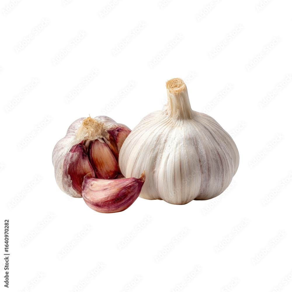 Obraz premium Fresh Garlic Bulbs and Cloves Isolated on Black Background