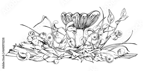 Russula cortinarius webcap mushroom, blueberry blackberry cranberry lingonberry branches on top of fallen autumn leaves pile with twigs. Forest floor natural illustration hand drawn in vector ink.