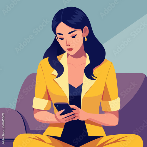 Young Asian Woman in Yellow Suit Using Smartphone While Sitting on Sofa