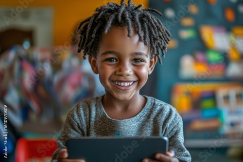 Young child using a smart tablet. The image captures a happy boy gaming on an iPad, showcasing the use of AI technology for interactive learning, Generative AI