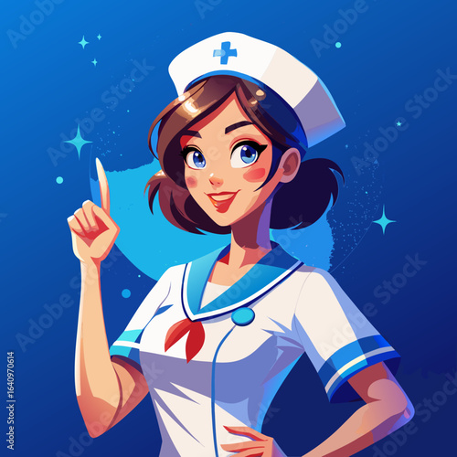 Smiling Cartoon Nurse Pointing Upward