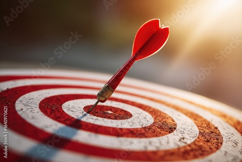 Red dart in bullseye of a weathered target. Sunlight highlights the success