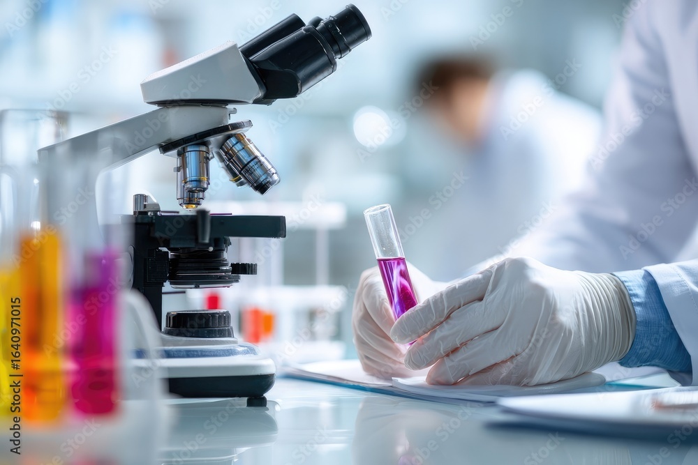 Lab worker in white coat holding test tube with purple liquid, microscope in the background Lab worker in white coat holding test tube with purple liquid, microscope in the background