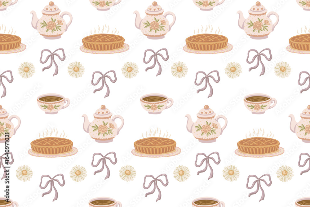 Pretty teapot and teacup with pie in pastel coquette seamless pattern. Hand drawn illustration with floral and ribbon. Great for kitchen textile and wallpaper. Perfect for bed linen and kids decor. Pretty teapot and teacup with pie in pastel coquette seamless pattern. Hand drawn illustration with floral and ribbon. Great for kitchen textile and wallpaper. Perfect for bed linen and kids decor.