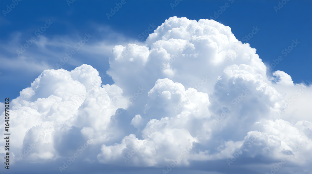 Naklejka premium Fluffy white cumulus clouds rise against a clear blue sky, creating a bright and serene atmosphere typical of fair weather and natural beauty