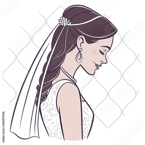 Elegant Bride in Profile with Wedding Veil and Jewelry
