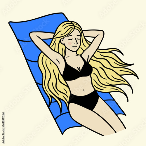A fashionable cartoon woman with blue hair and a bikini dances on the beach, a glamorous illustration of summer beauty and sensuality