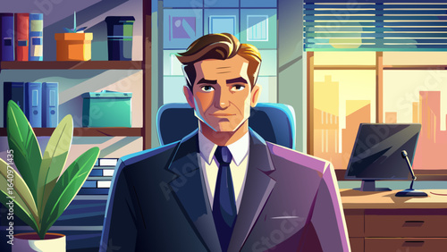 Semi-realistic vector scene, detailed suit texture, natural skin tones, reflective desk surface, subtle shadows, elegant office décor, glowing monitor light, capturing determination, intellect, and le