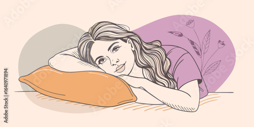 Illustration of a young woman resting on a pillow with floral background in soft pastel colors and sketch style