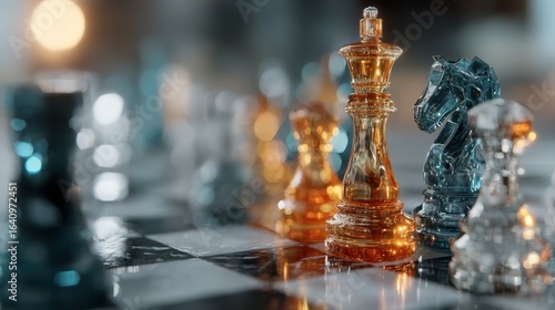 Wallpaper Mural A close-up of a chessboard featuring glass pieces, highlighting a king and knight in a strategic arrangement, with a blurred background. Torontodigital.ca