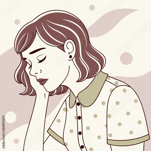 Illustration of a Thoughtful Woman with Short Hair Resting Her Head on Her Hand in a Polka Dot Shirt