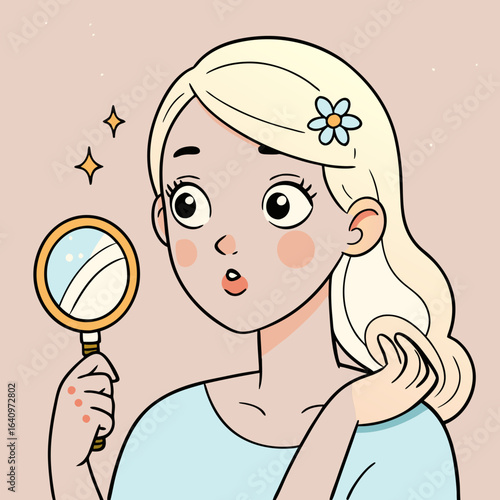 Cartoon Woman Examining Skin in Mirror with Surprise Showing Hand with Rash Allergy or Eczema on Light Pink Background