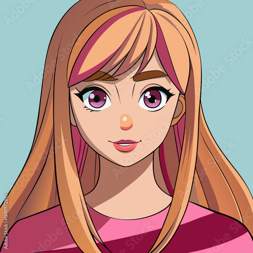 Anime Style Portrait of a Young Woman with Long Hair and Pink Eyes on a Light Blue Background