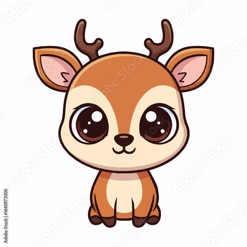 A cute cartoon deer with big eyes and small antlers sits facing forward on a white background.