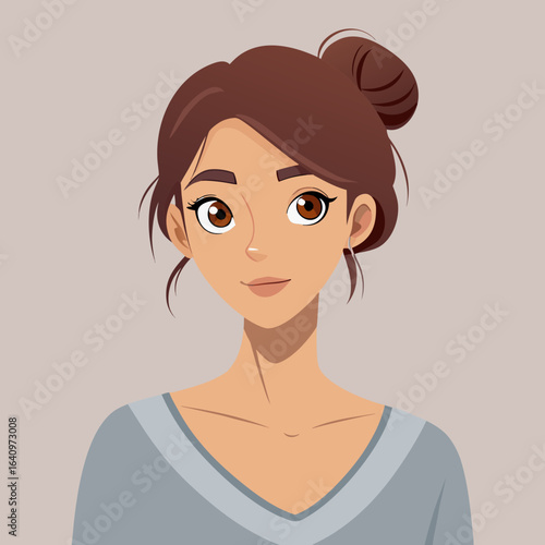 Cartoon Portrait of a Young Woman with Brown Hair in a Bun and a Gray Shirt