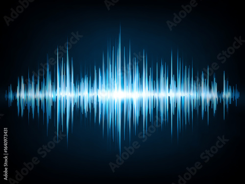 Blue digital soundwave visualization with bright glowing peaks and troughs on a dark background, representing audio frequencies or music signals