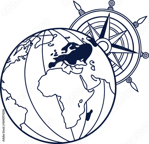 Vector cartoon illustration of a globe with a compass and clock showing global time and business communication