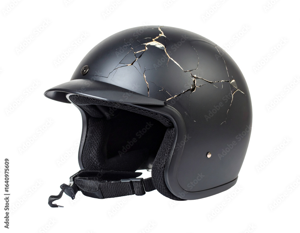 Fototapeta premium A cracked helmet, isolated on a white background, symbolizing themes of safety failure, accidents, or damage.