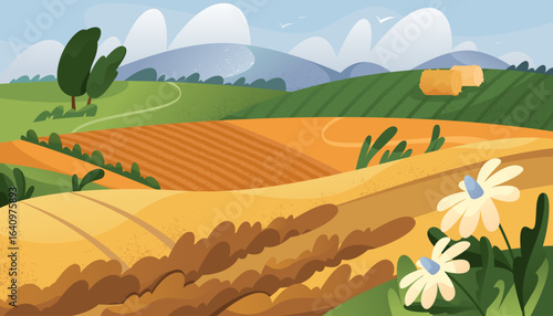 Autumn field or fall landscape. Vector countryside