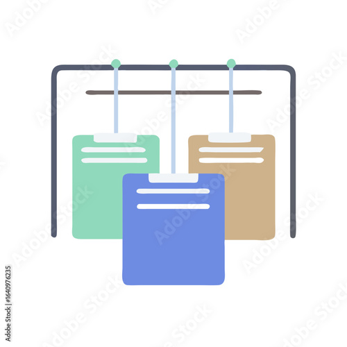 Three colorful clipboards hanging on a rack