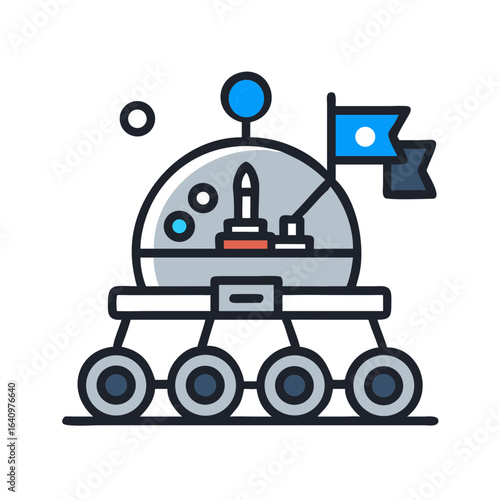 Stylized mars rover with flag and rocket illustration